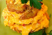 Crispy Layered Green Tomatoes with Spicy Jalapeno Pimento Spread
