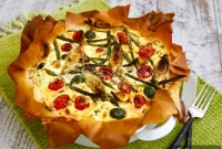 Springtime Italian Phyllo Tart with Cheesy Artichokes and Asparagus