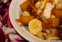 Tropical Pineapple Cake with Macadamia Gelato and Warm Caramel Drizzle