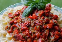 Farfalle with Fresh Basil Pesto and Blistered Cherry Tomatoes
