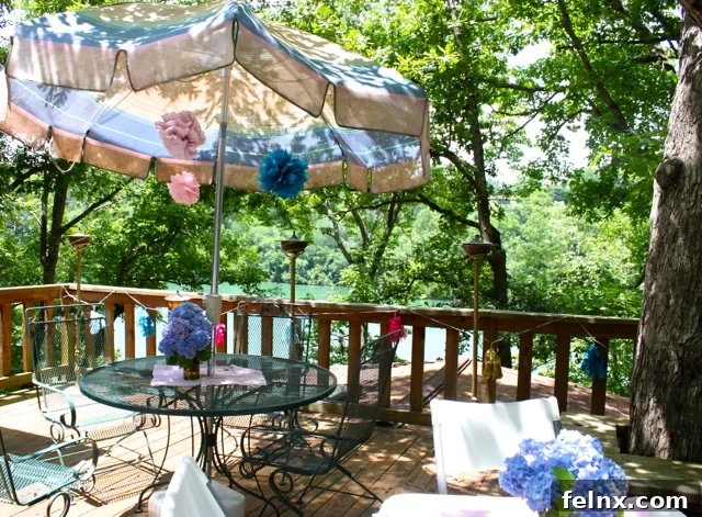 Decorated deck overlooking lake in Tennessee