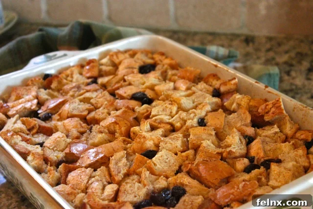 Golden baked bread pudding fresh from the oven