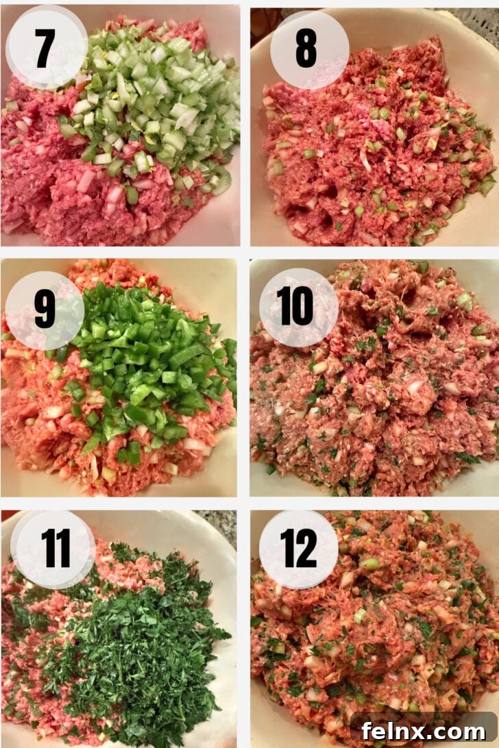Vegetables being added to the meatloaf mixture