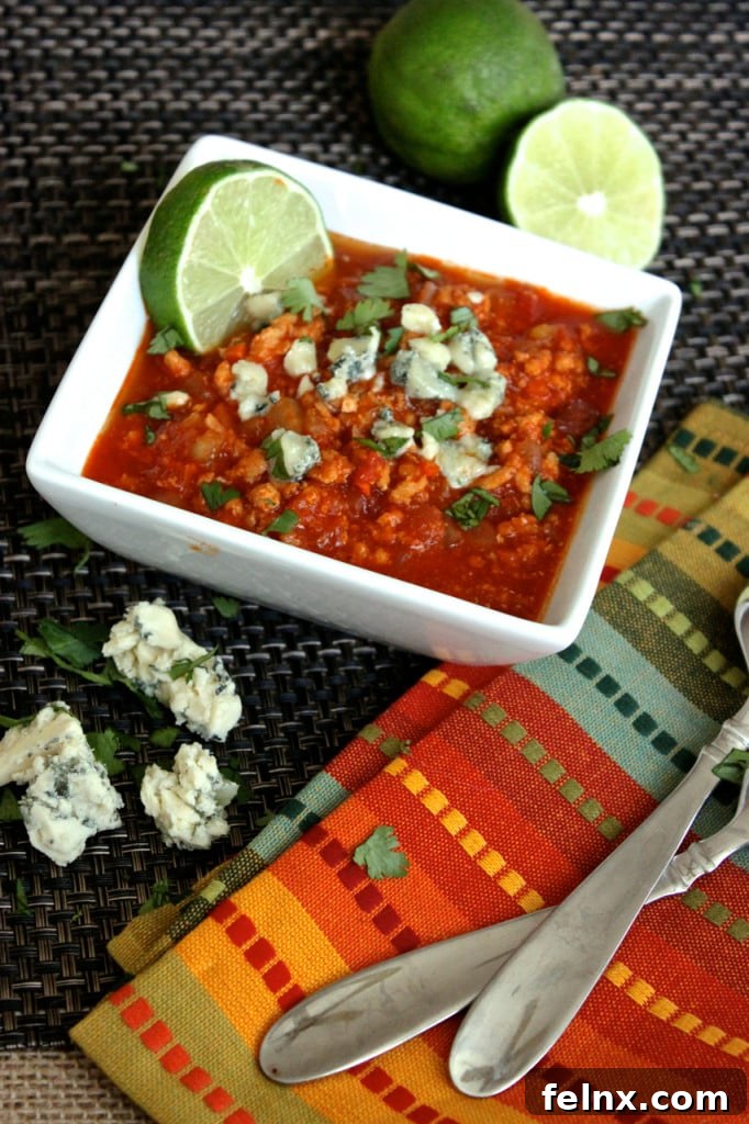 Buffalo Turkey Chili garnished with blue cheese