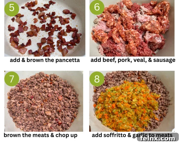 Browning the mixed meats for the ragu