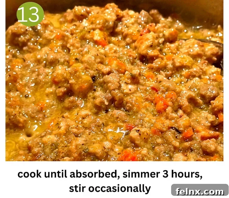 Simmering the white bolognese sauce