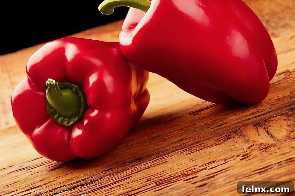 Red peppers prepared and ready for roasting