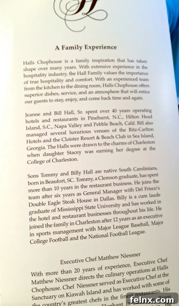 The menu at Hall's Chophouse highlighting the restaurant's history and philosophy