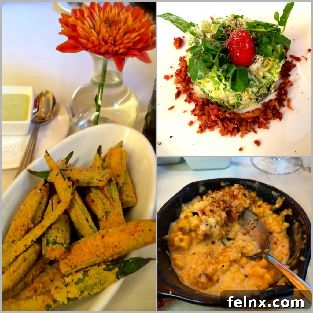 A selection of signature dishes including fried okra and creamed corn