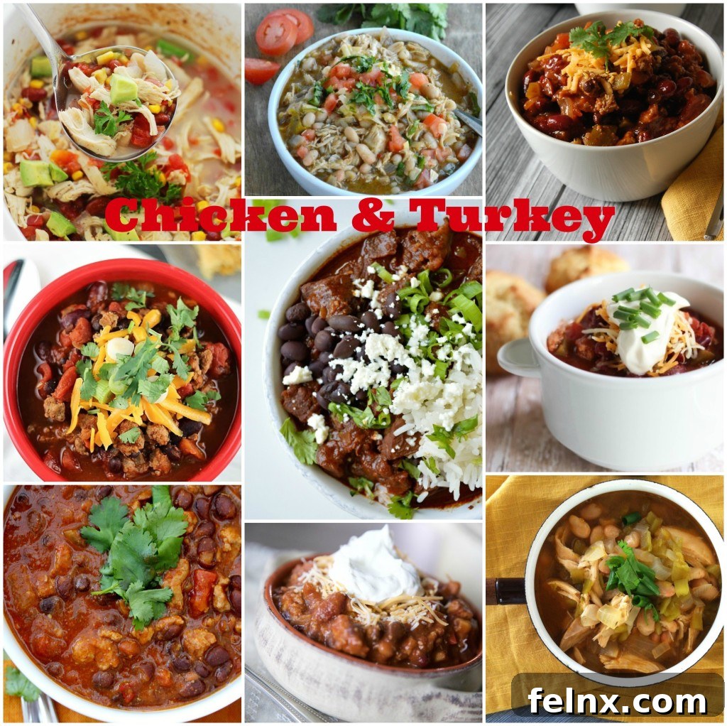 Assorted bowls of turkey and chicken chili