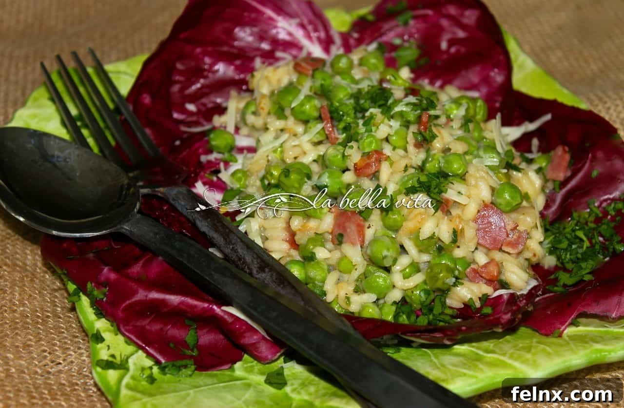 A bowl of Risi e Bisi, a classic Venetian rice and peas dish.