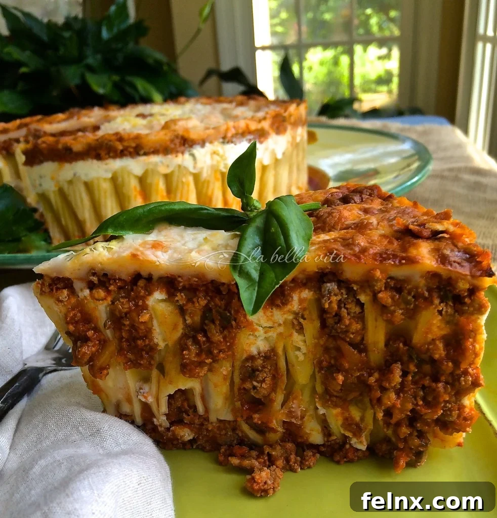Vertical layers of rigatoni, Bolognese sauce, and cheese!