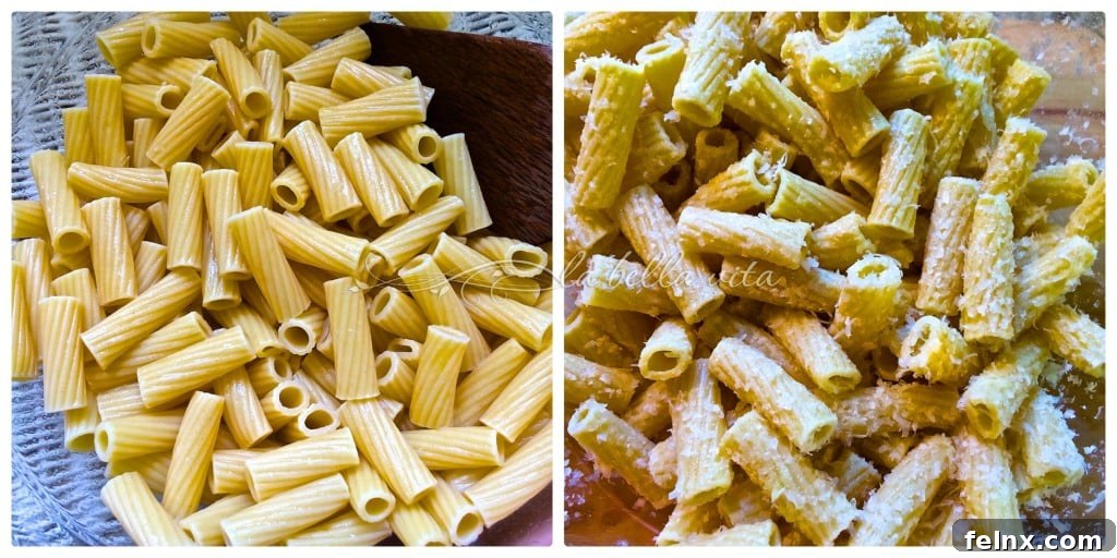 Toss cooked rigatoni in olive oil and parmesan