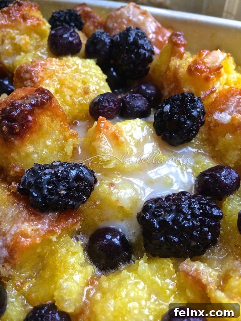 Detail of the golden bread pudding soaked in Limoncello glaze