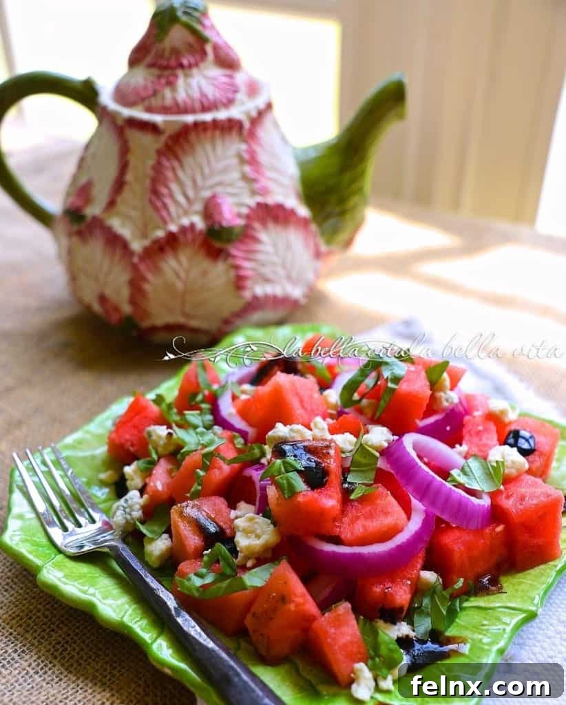 Watermelon and Gorgonzola salad ready to serve
