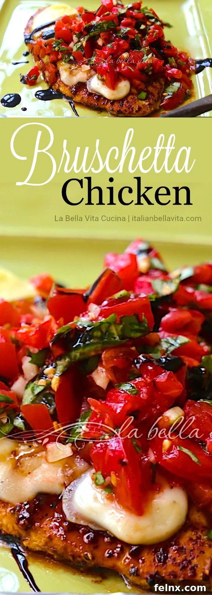 Final presentation of Italian Bruschetta Chicken with balsamic drizzle