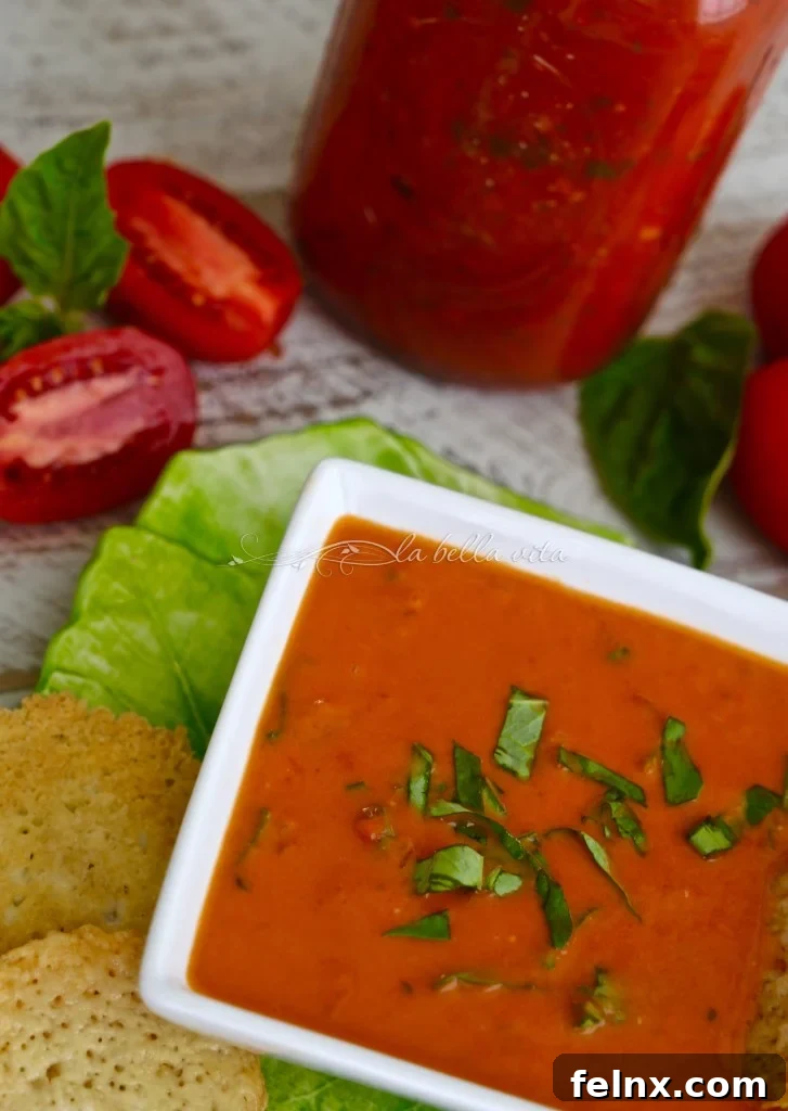 Finished Roasted Tomato Bisque with Parmesan Crisps