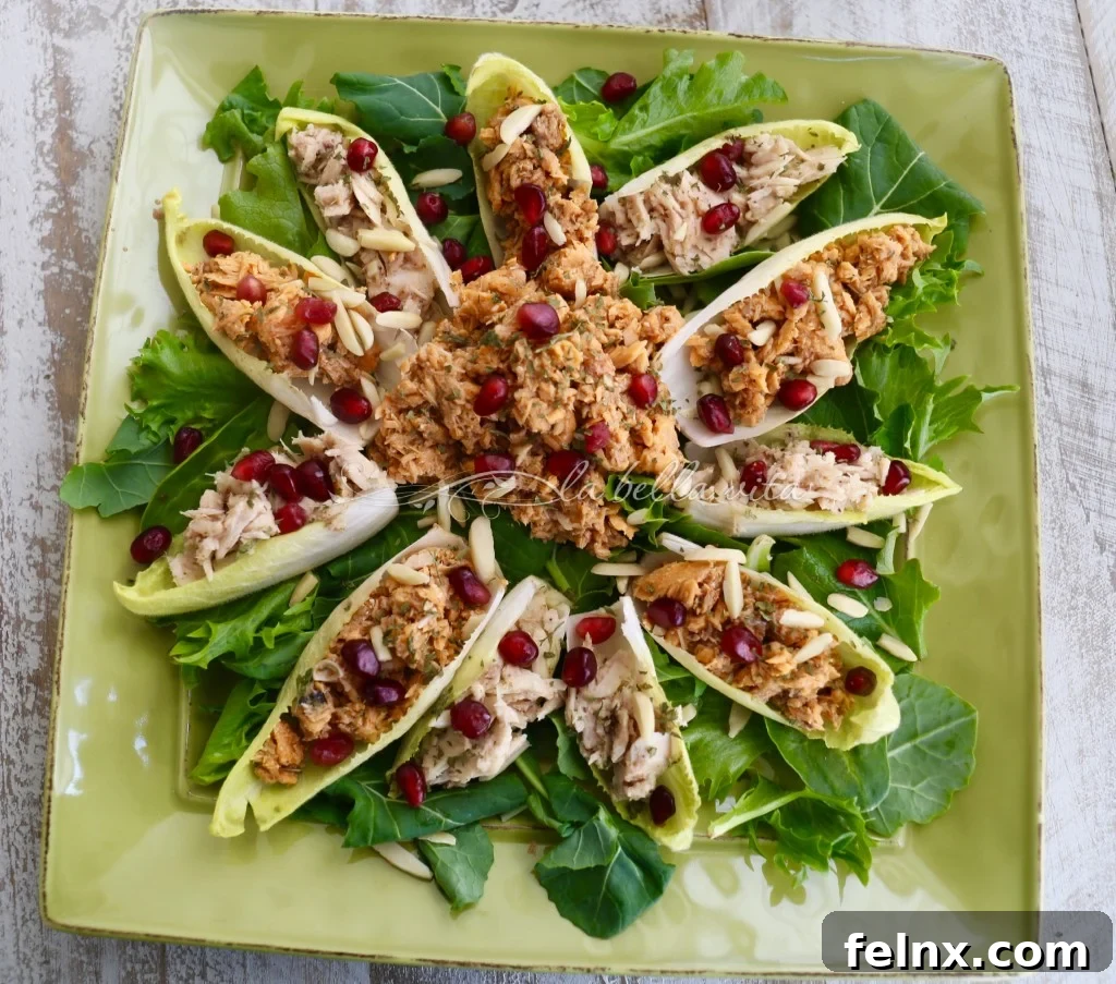Belgian Endive Bites with Salmon and Tuna Salad presentation
