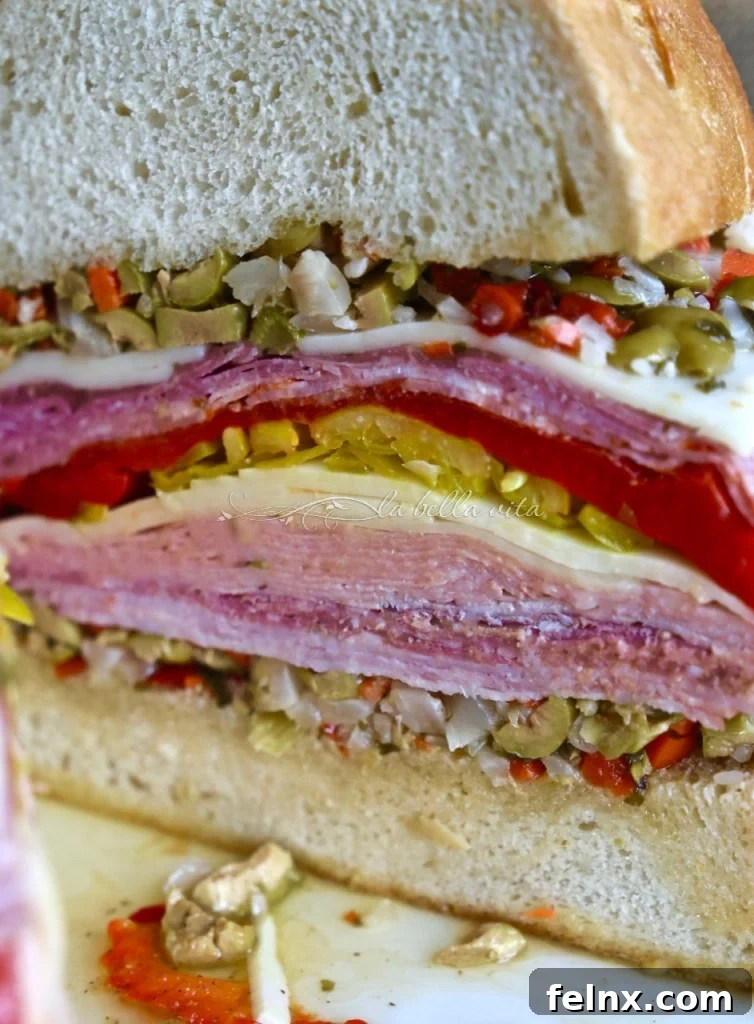 Top down view of a freshly assembled Muffuletta