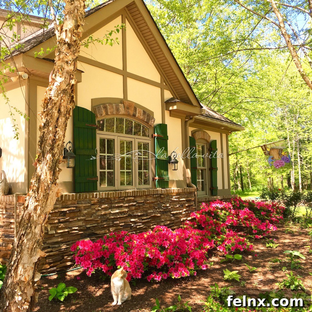 A peaceful garden path surrounded by spring greenery and blooming shrubs