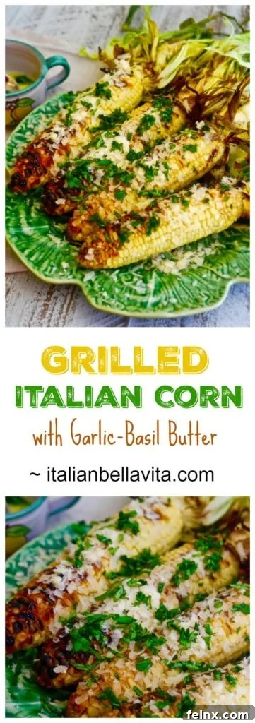 Pinterest style vertical image of Grilled Italian Corn