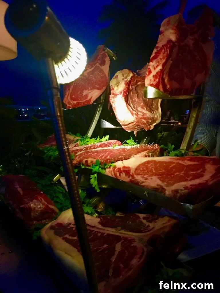 Premium steak cuts presented at a restaurant in Cancun