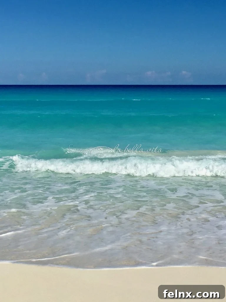 Clear blue skies and turquoise ocean waves in Cancun Mexico