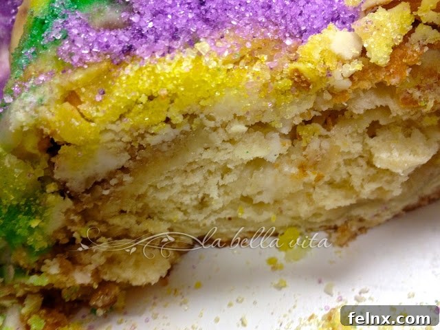 Cross section of a King Cake showing the delicious cinnamon apple and cream cheese filling
