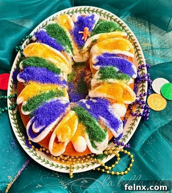 Full view of a decorated Mardi Gras King Cake