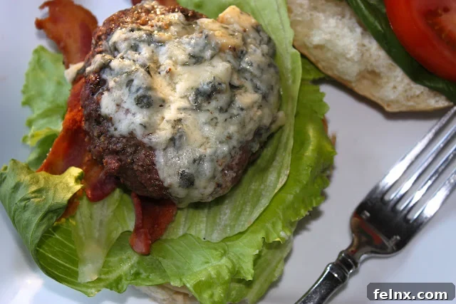 Close up of melting Gorgonzola on a burger