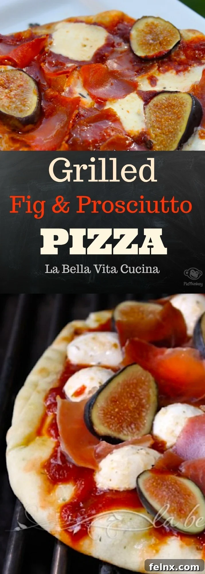 Social media sharing image for grilled fig and prosciutto pizza