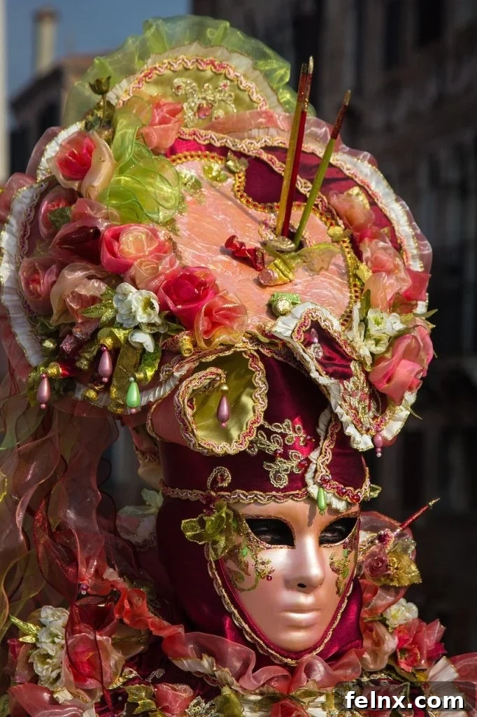 Detailed fabric roses on a Venetian costume