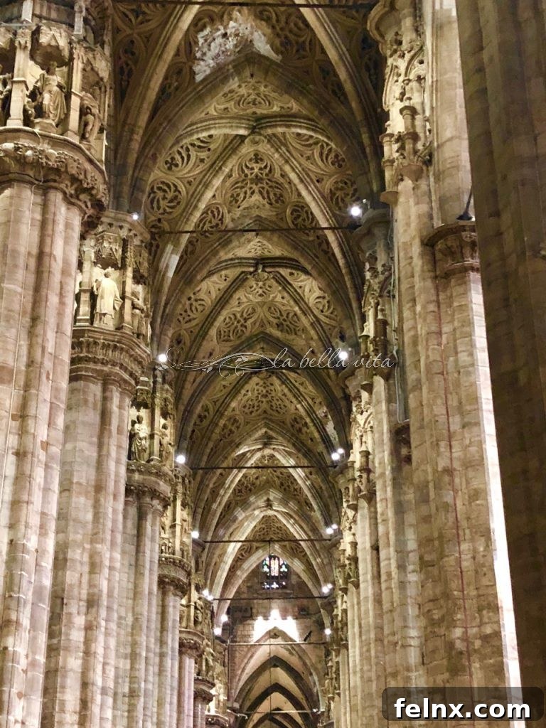 The impressive interior columns of the Milan Cathedral