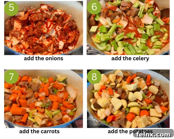 Adding vegetables to the simmering beef stew