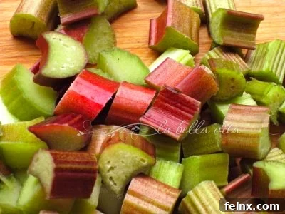 Vibrant colors of sliced rhubarb stalks