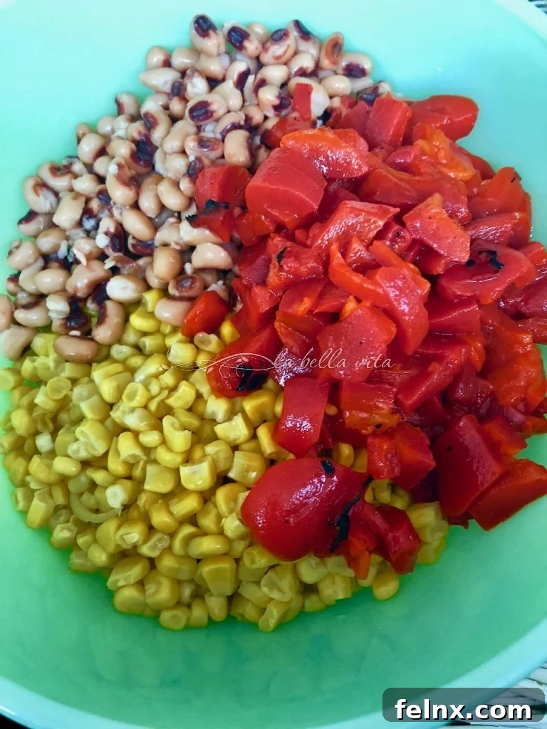 Zesty Sweet Corn and Black Eyed Pea Medley 6 Diced red peppers in bowl