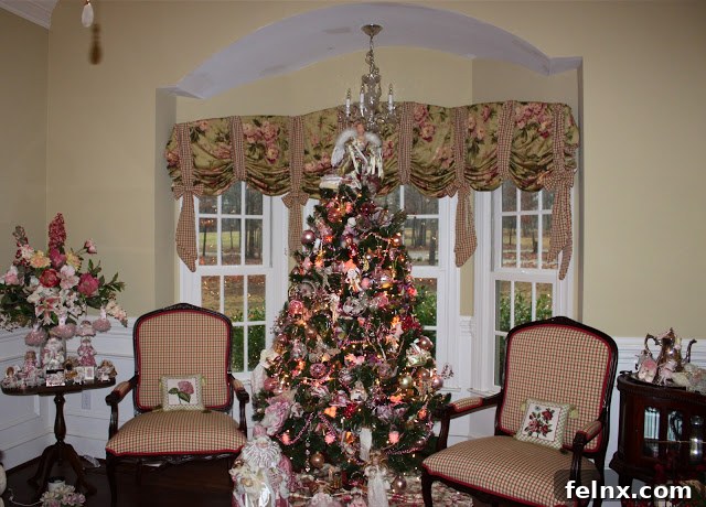 Close up of Pink Christmas Ornaments and Ribbons