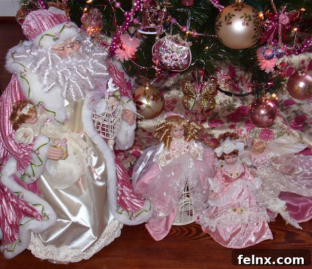 Ornaments under the pink Christmas tree