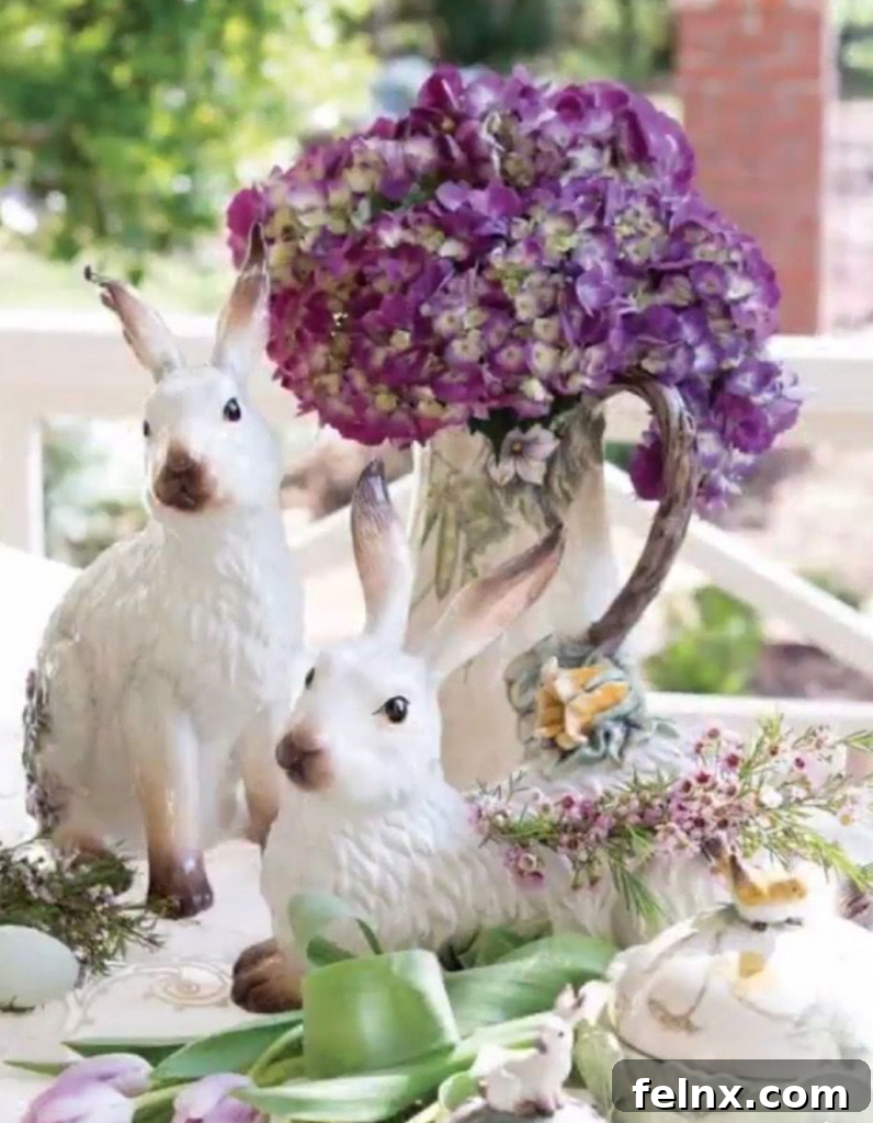 White Bunnies and Purple Hydrangeas