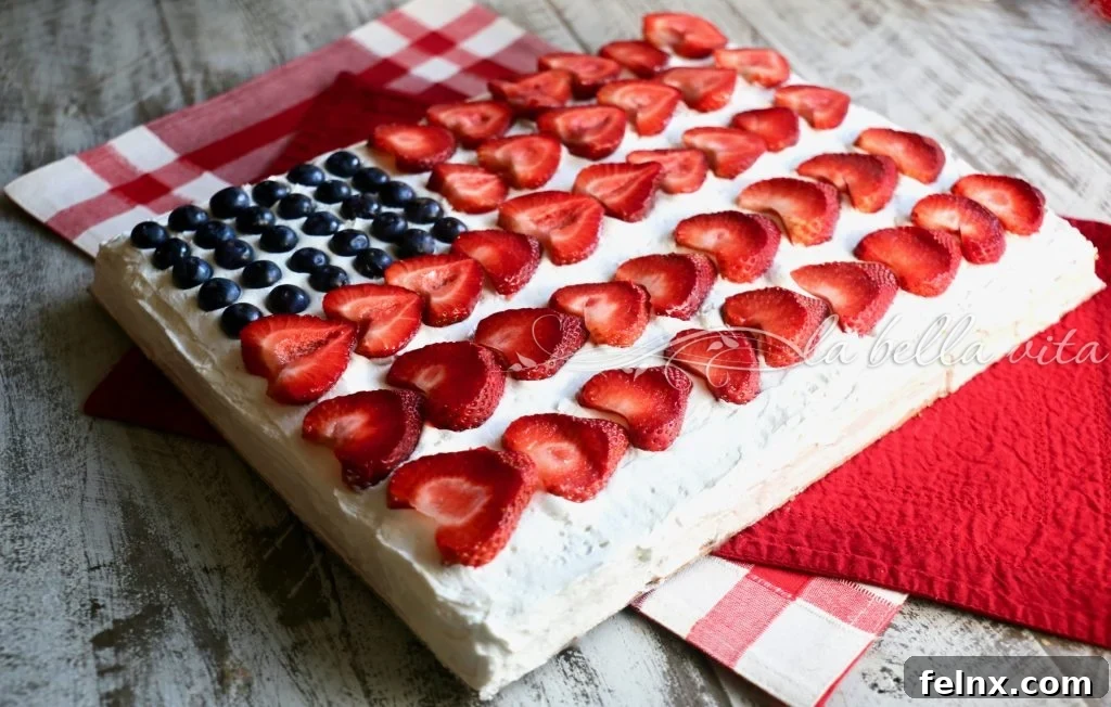 Delicious details of the fruit-topped flag cake stripes