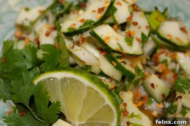 Close up of Thai Cucumber Salad dressing and texture