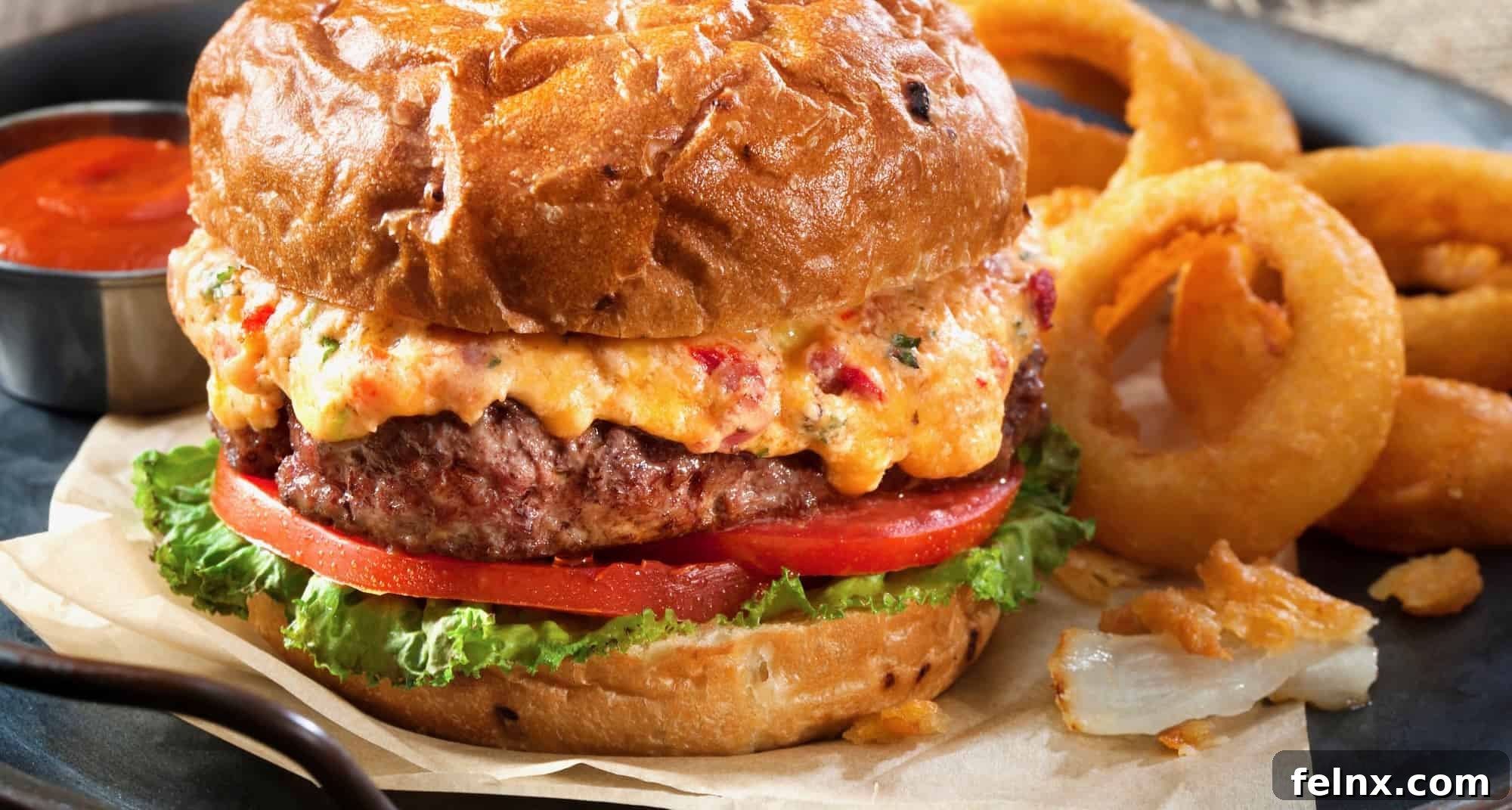 Delicious Pimento Cheese Burgers garnished with bacon and lettuce