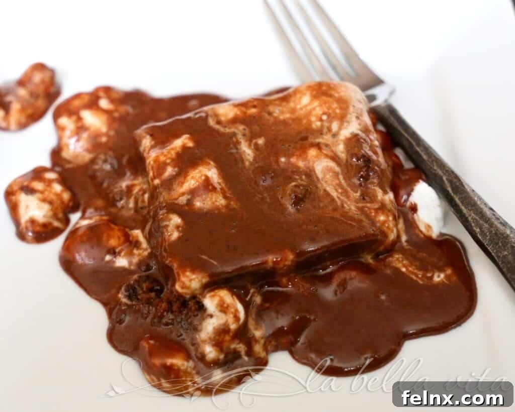 Close up of a warm slice of Mississippi Mud Cake