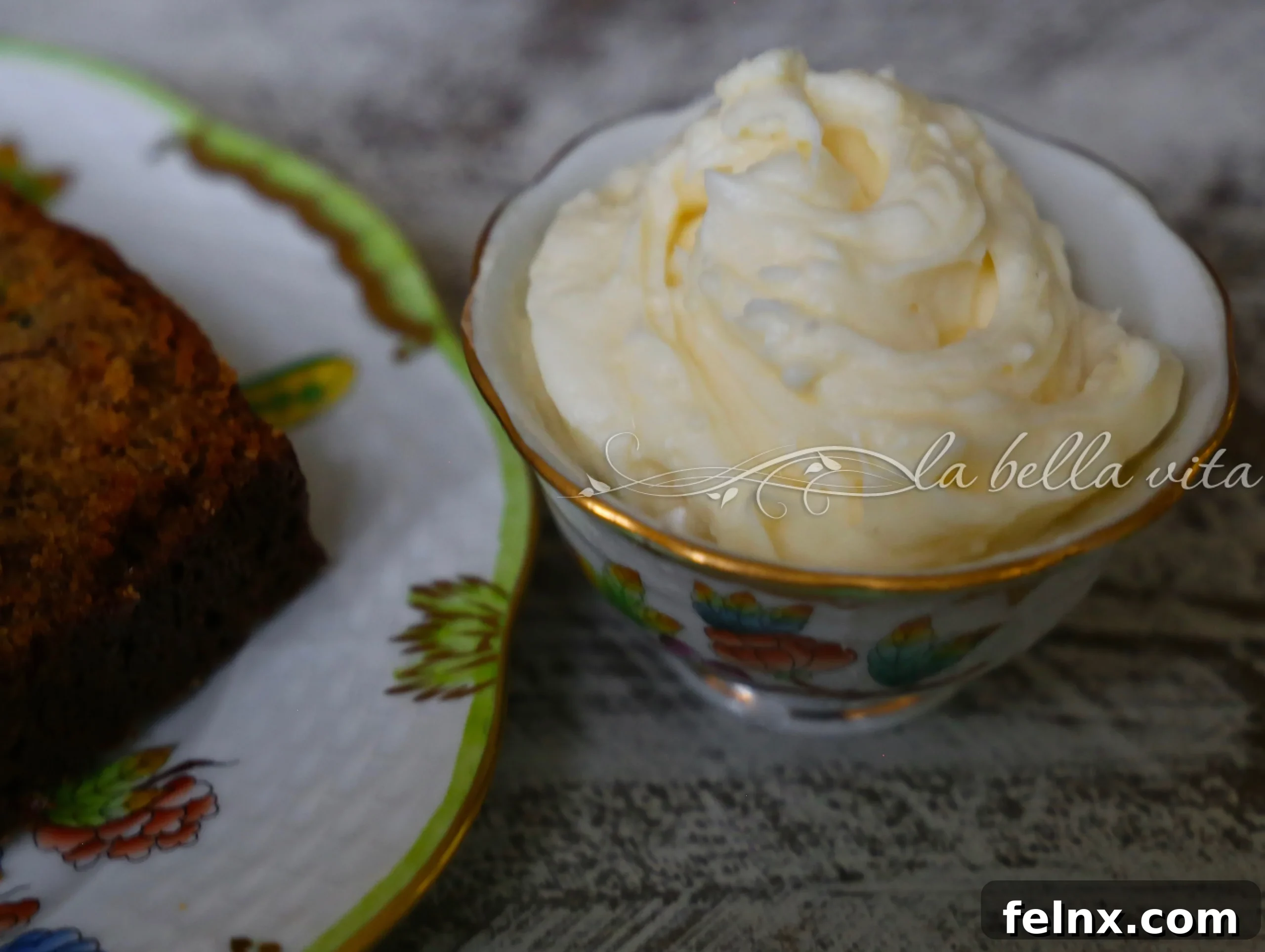 Zucchini Banana Bread topped with Mascarpone Cream