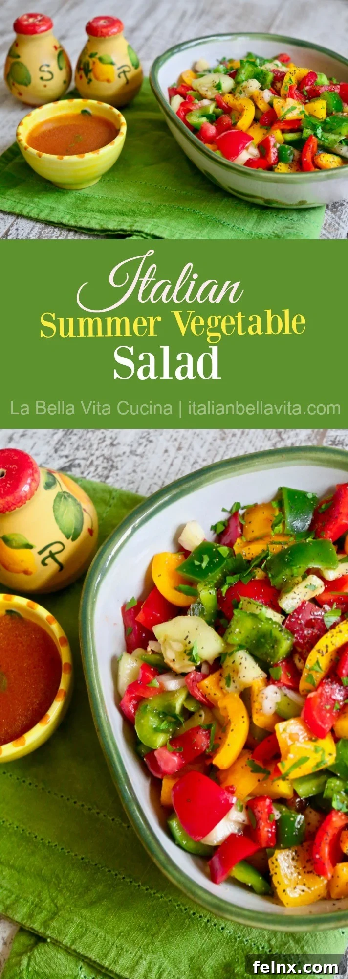 Vertical Pinterest graphic for Italian Summer Vegetable Salad