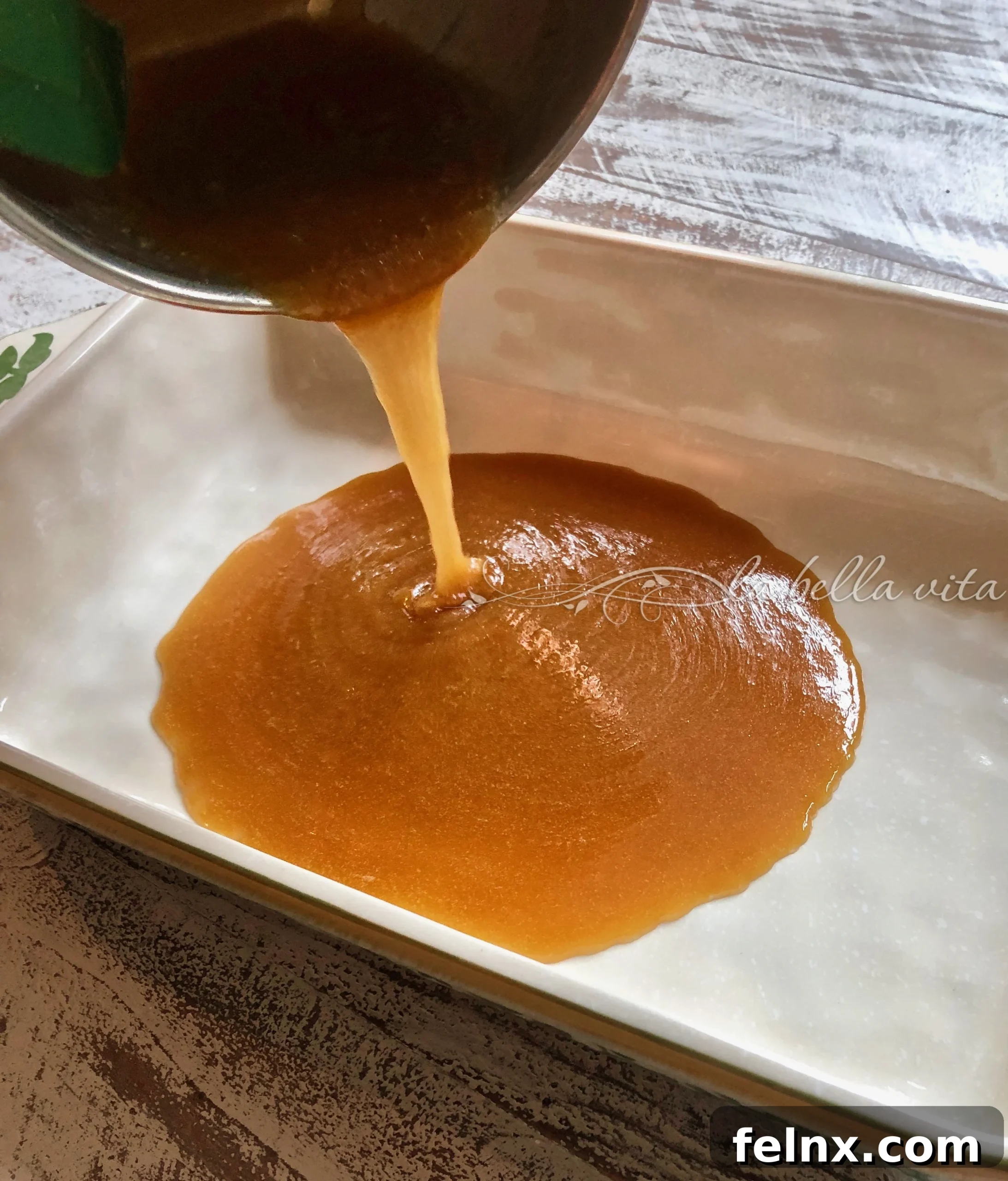 Pouring caramel into baking dish