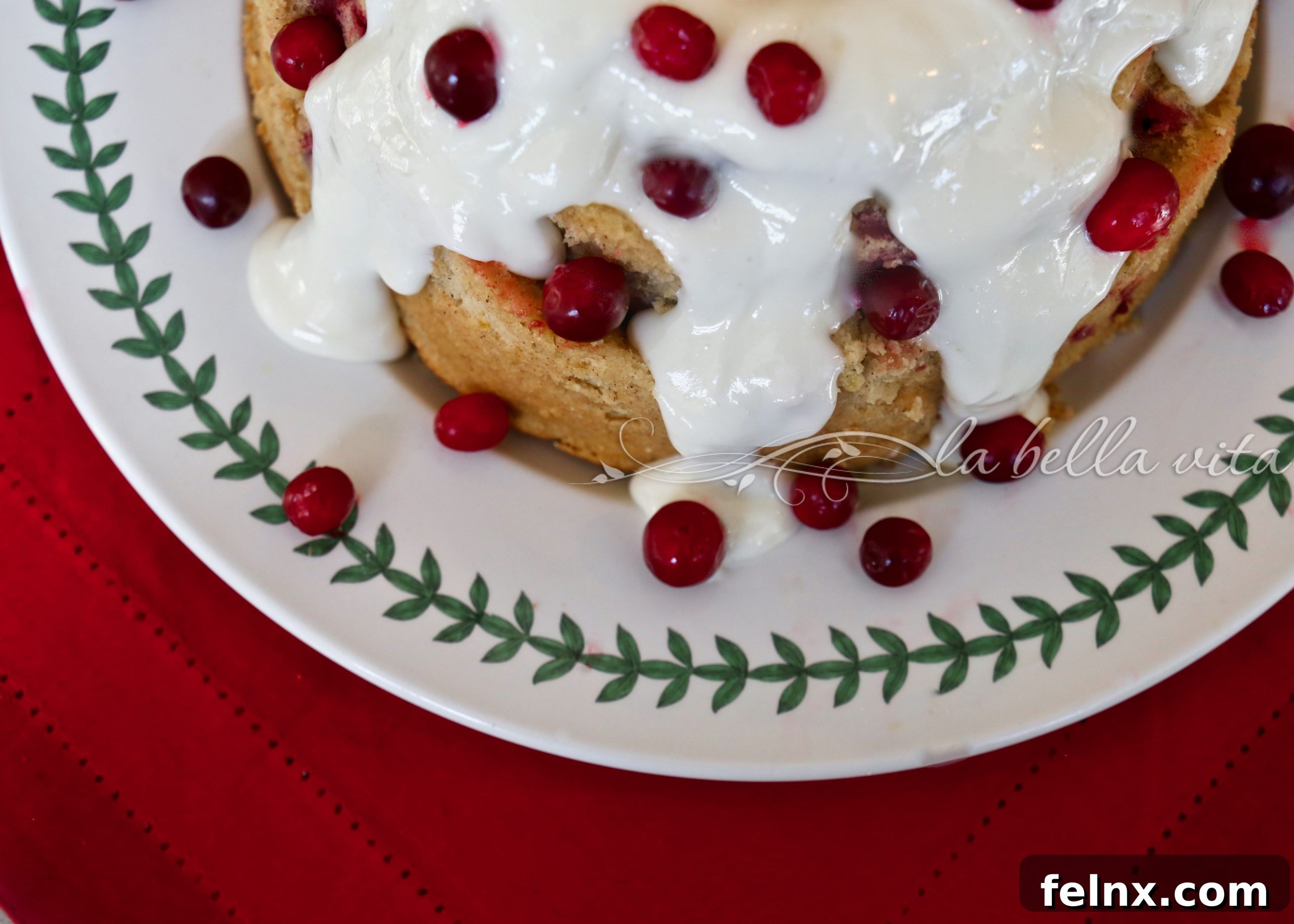 Freshly baked Italian Cranberry Orange Bundt Cake on a holiday table