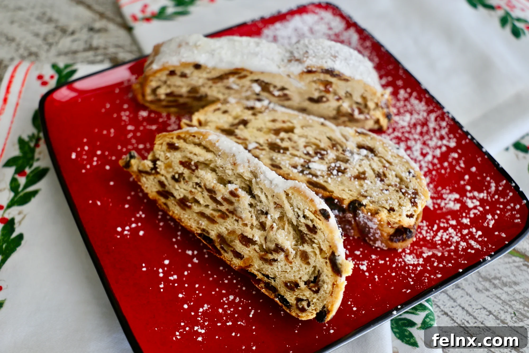 Traditional German Christmas Stollen on a festive table