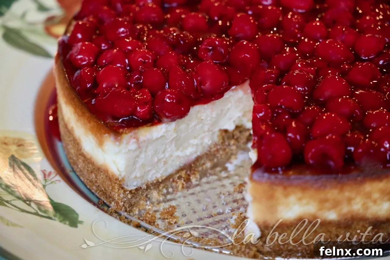 Close up of a slice of silky smooth cheesecake