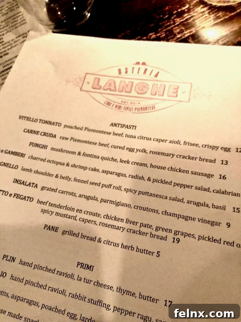 Menu Selection at Osteria Langhe